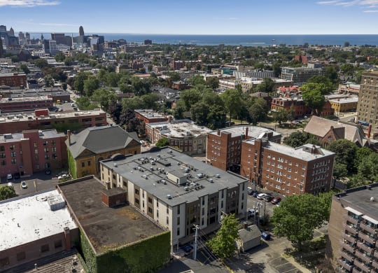 an aerial view of the city and the civic center at Nineteen North, Buffalo, NY, 14202