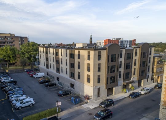 an aerial view of an apartment building and a parking lot at Nineteen North, Buffalo