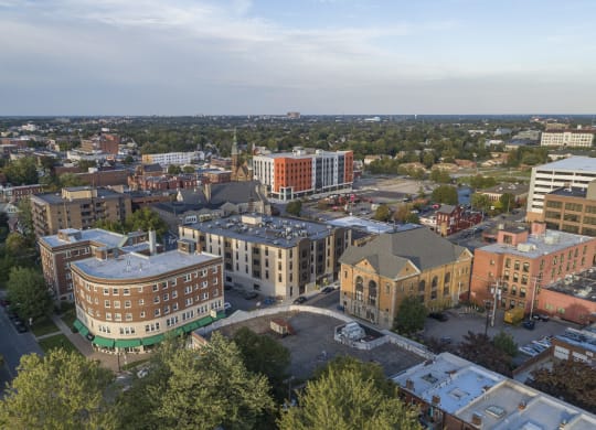 an aerial view of a city of buildings and trees at Nineteen North, Buffalo, NY, 14202