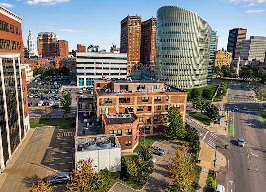 an aerial view of a city with tall buildings at 100 South Apartments, Buffalo, 14202