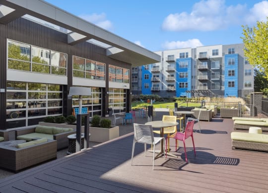 a rendering of a rooftop patio with tables and chairs at Bakery Living, Pittsburgh, PA
