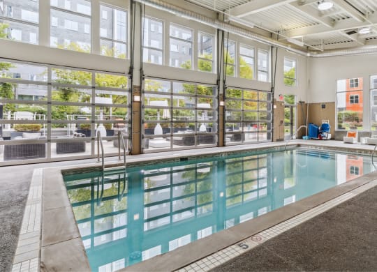 a swimming pool in a building with large windows at Bakery Living, Pittsburgh, PA