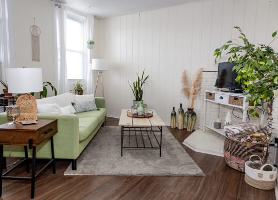a living room with white walls and a green couch at University Commons Apartments, Oakland, Pittsburgh