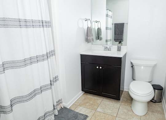 A bathroom with a white toilet and a black cabinet. at Highland Village, Ross Township, Pittsburgh, PA 15229