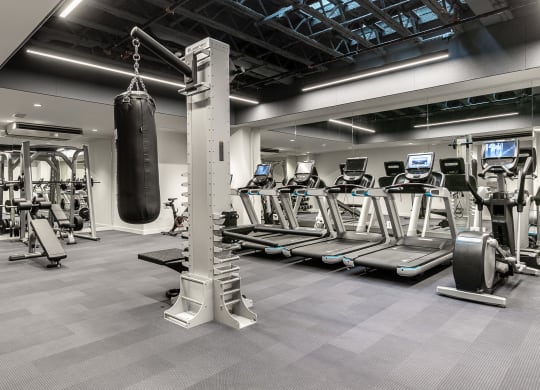 a gym with weights and cardio equipment and a punching bag at The Commonwealth Building, Pittsburgh