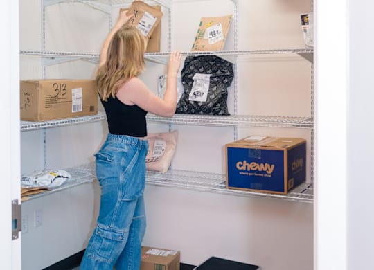 A woman is reaching for a box on a shelf in a room.