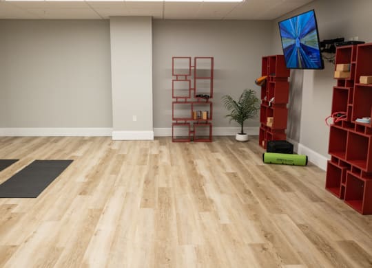 a rejuvenating yoga studio with light wood floors and a flat screen tv at The Washington at Chatham, Pennsylvania