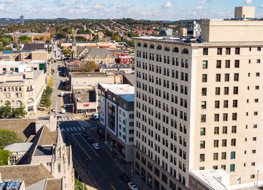 an aerial view of a large building in a city at Walnut on Highland, Pittsburgh, PA