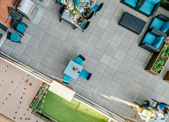 a view from above of a patio with a table and chairs at Walnut on Highland, Pittsburgh, PA