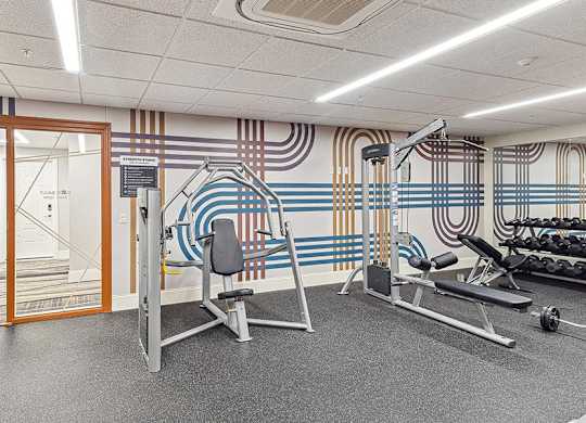 A gym with a weight bench, a rowing machine and a squat rack. at The Washington at Chatham, Pennsylvania, 15219