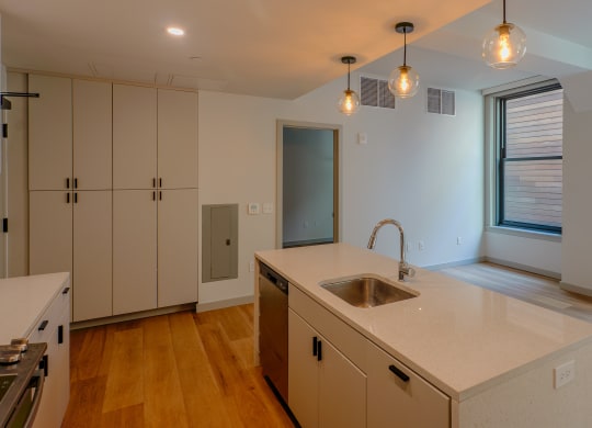 a kitchen with a sink and a window at The Commonwealth Building, Pittsburgh, 15222