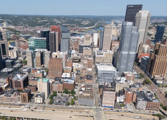 an aerial view of the city at The Commonwealth Building, Pittsburgh, 15222