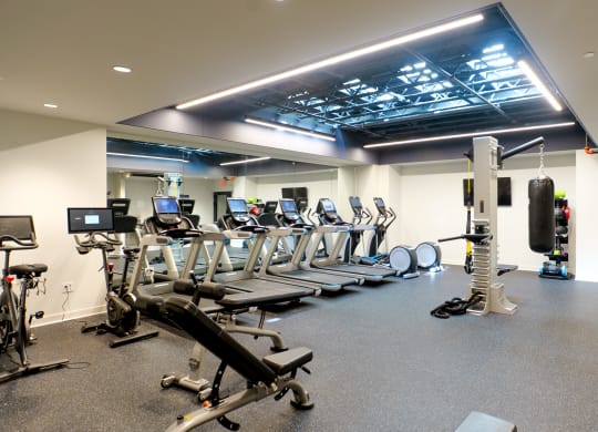 a large fitness room with cardio equipment and weights at The Commonwealth Building, Pittsburgh, 15222