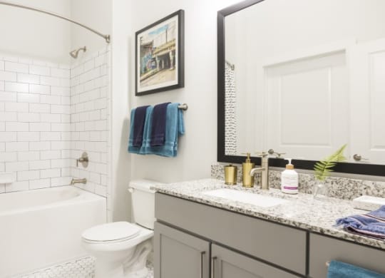 Designer Bathroom Suites with a shower and a sink and a mirror at The Lowery, Atlanta, GA