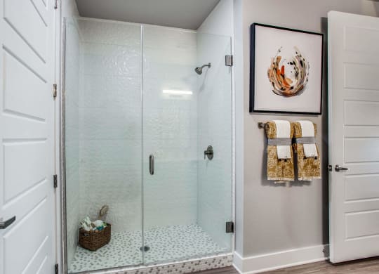 a walk in shower with a glass door and a checkered tiled floor at Trailhead, Austin, TX