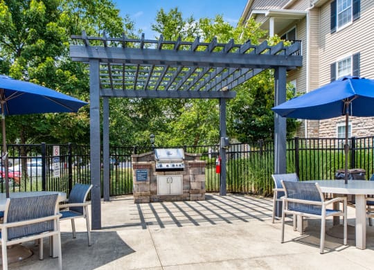 our patio has a grill and tables with umbrellas