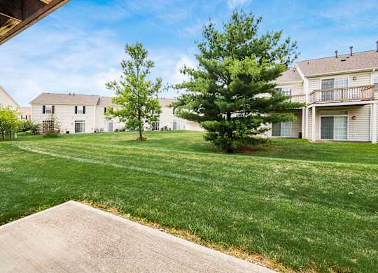 A grassy area with a tree and apartment buildings in the background. at River View at Bexley Apartments, River View at Bexley, OH
