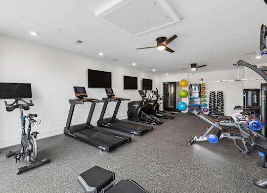 A spacious gym with treadmills, exercise bikes, and other equipment.