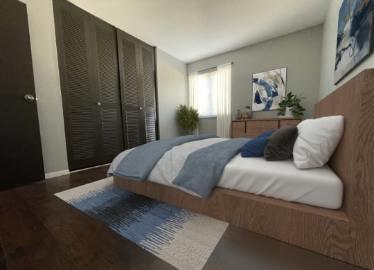 a bedroom with a bed and a rug in front of a window