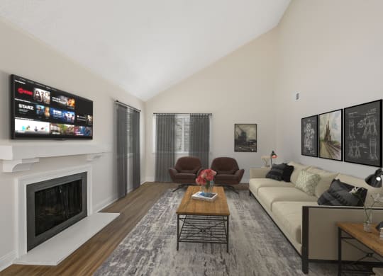 this is a photo of the living room of a 560 square foot, 1 bedroom apartment at at Harpers Point Apartments, Cincinnati, OH