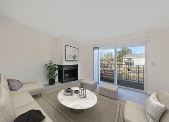 a living room with a fireplace and a sliding glass door at Harpers Point Apartments, Cincinnati, 45249