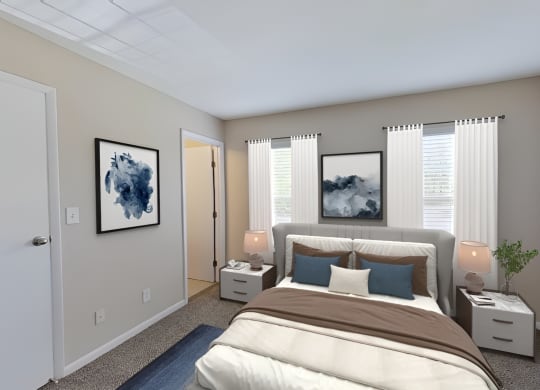 Bedroom with a large bed in front of a window at Merrick Place, Lexington, KY, 40502