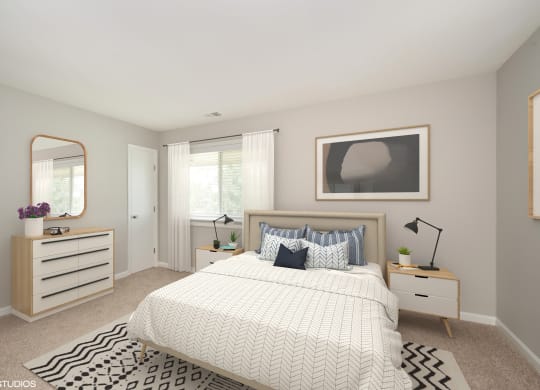 a bedroom with a large bed and a dresser with a mirror on it at 7 Pointe Apartments, Indiana