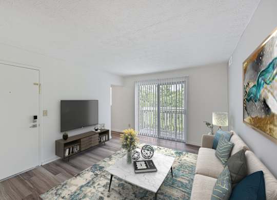 A living room with a couch, a coffee table, and a television.
