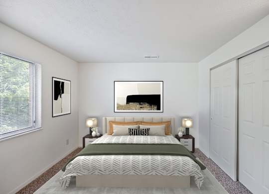 A bedroom with a large bed and a painting on the wall.
