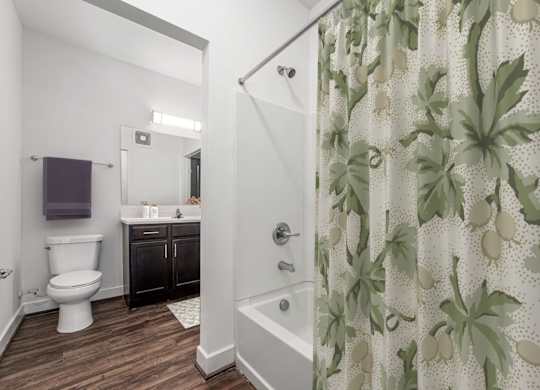 A bathroom with a toilet, sink, and shower curtain. at River View at Bexley Apartments, River View at Bexley, Ohio
