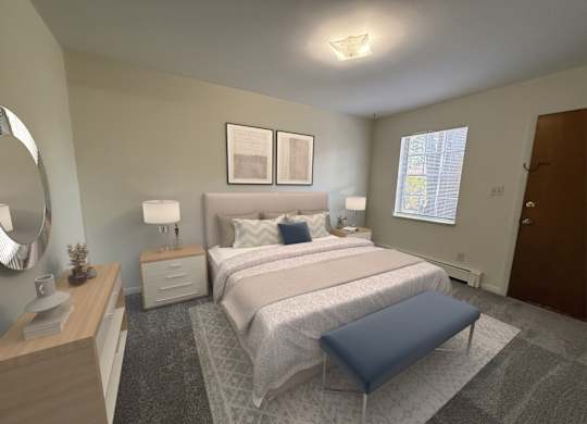 A bedroom with a large bed and a blue ottoman.