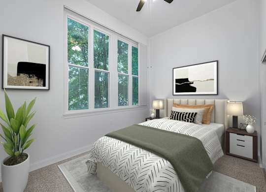 A bedroom with a bed, a plant, and two framed pictures on the wall.