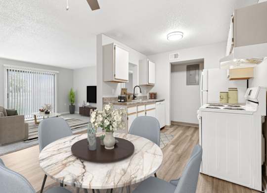A modern kitchen with a dining table set in the middle.