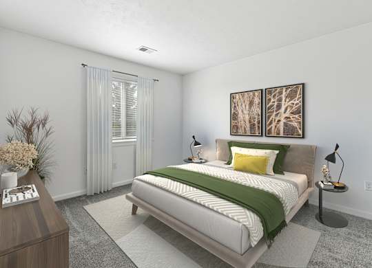 A bedroom with a bed, nightstand, and a painting on the wall.
