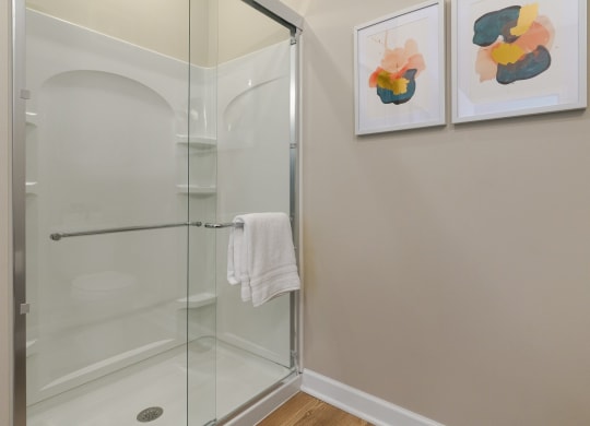 a bathroom with a glass shower and two paintings on the wall at Adelphi Quarter, Columbus