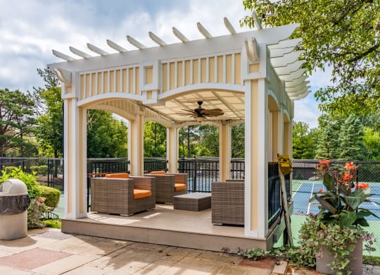 a gazebo with a seating area and a pool in a backyard