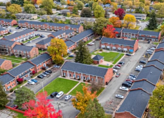 arial view of a campus in the fall
