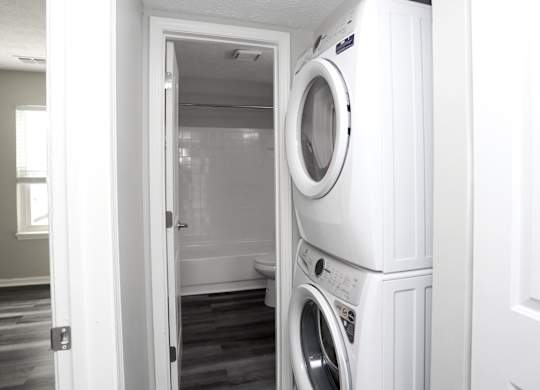 Stacked machines in laundry room at Meridian Court South, Indianapolis, 46217