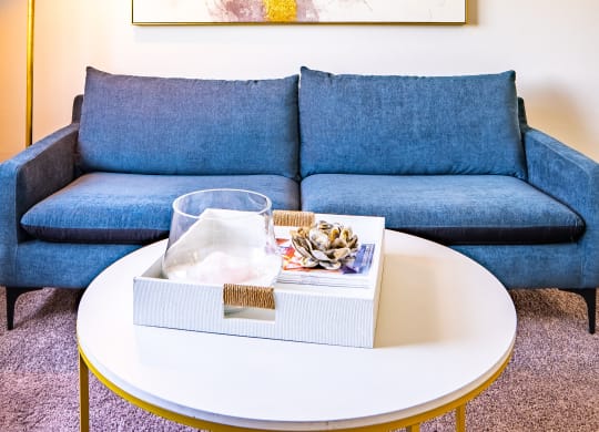 a living room with a blue couch and a coffee table