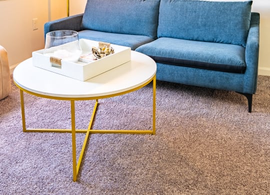 a living room with a blue couch and a coffee table