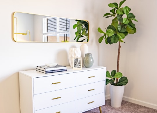 a white dresser with a plant and a mirror in a room