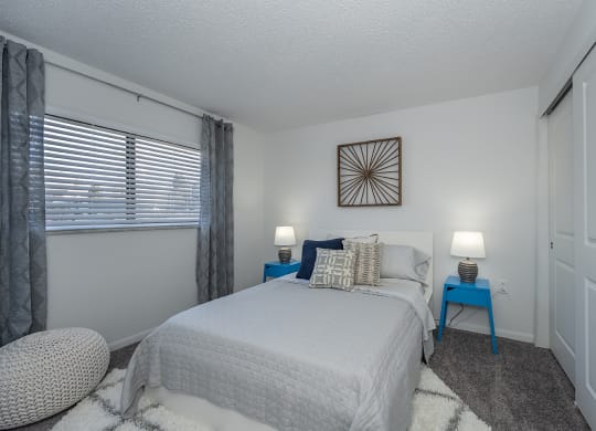 a bedroom with a bed and a window