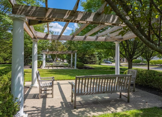 a bench sitting under a pavilion in a park at Bishops Gate, Cincinnati, OH, 45249