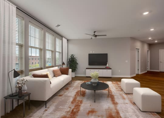 a living room with white couches and a coffee table at Adelphi Quarter, Ohio