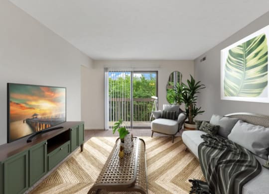 a living room with grey walls and a sliding glass door leading to a balcony at The Woodridge Collection, Fairfield