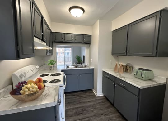 a kitchen with gray cabinets and a bowl of fruit on the counter