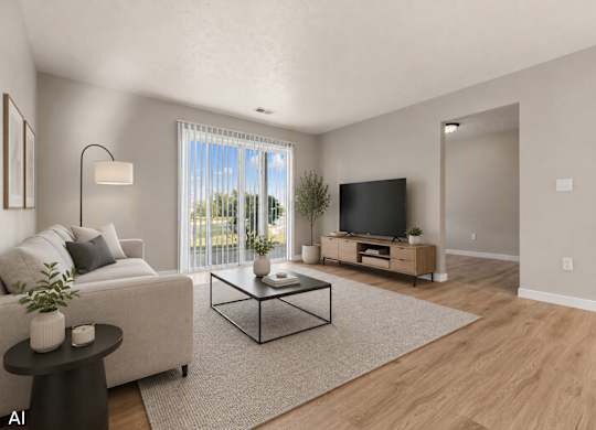 A living room with a white couch, a black coffee table, and a flat screen TV.