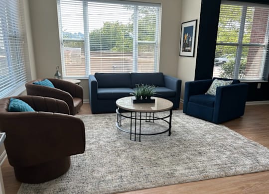 a living room with couches and chairs and a rug