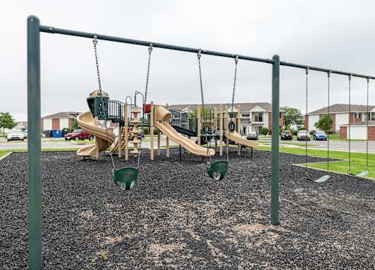 a playground with swings and slides in a park