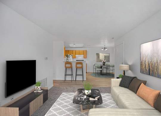 A living room with a white couch and a television on the left side.